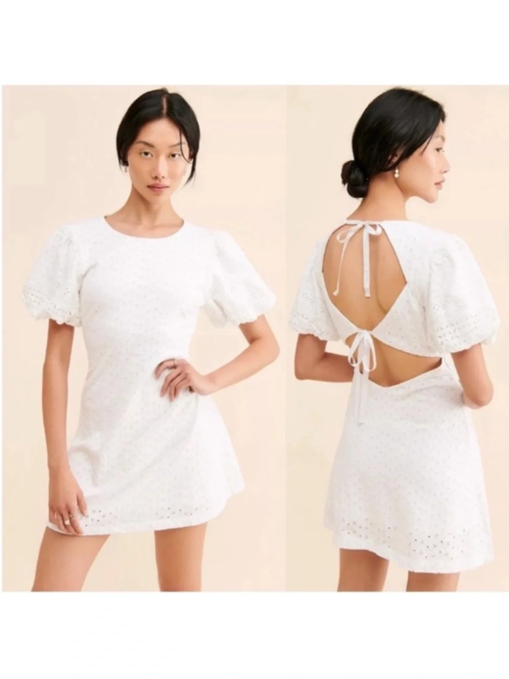 Free People Apricot Rose Mini Dress Eyelet Embroidered Lace Puff Sleeve White L - Picture 5 of 11